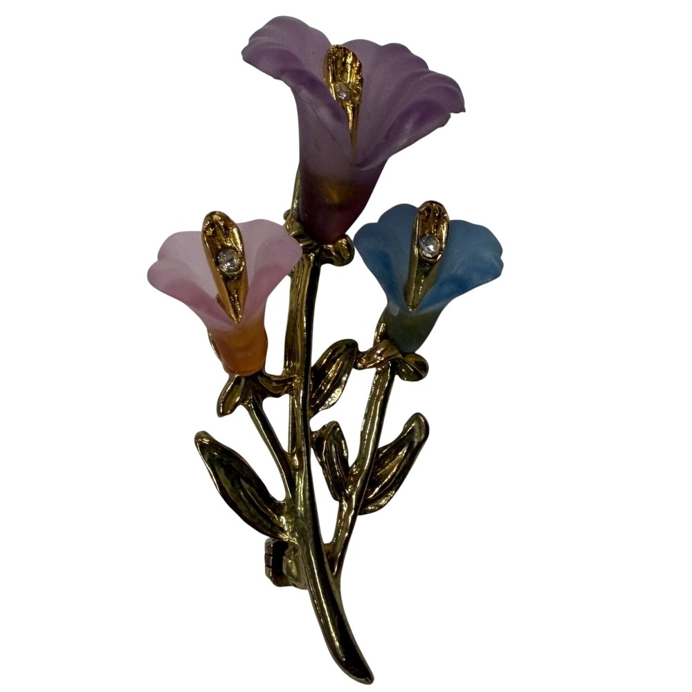 Vintage Frosted Pastel Resin Flower Brooch Gold Tone Rhinestone Lily Pin
